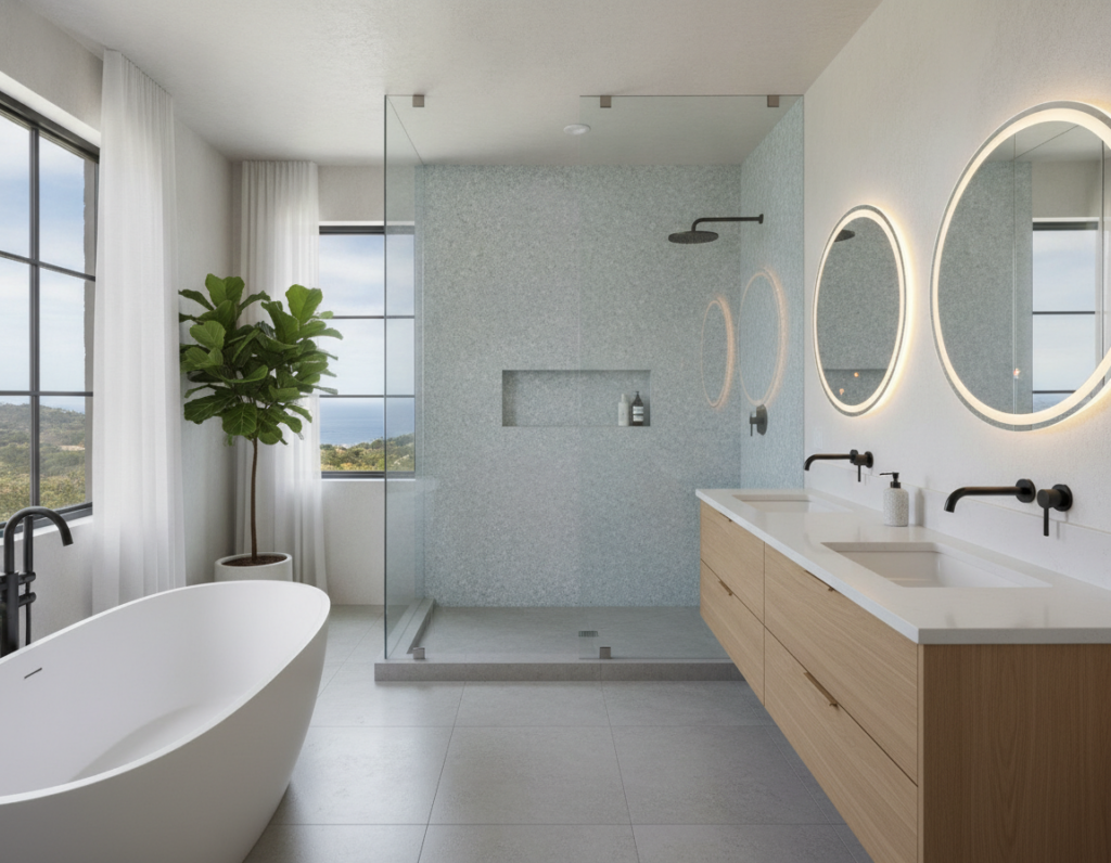 Modern bathroom remodel with stone wall, double vanity, and bathtub by Brasil Stone Home Improvements, Inc.