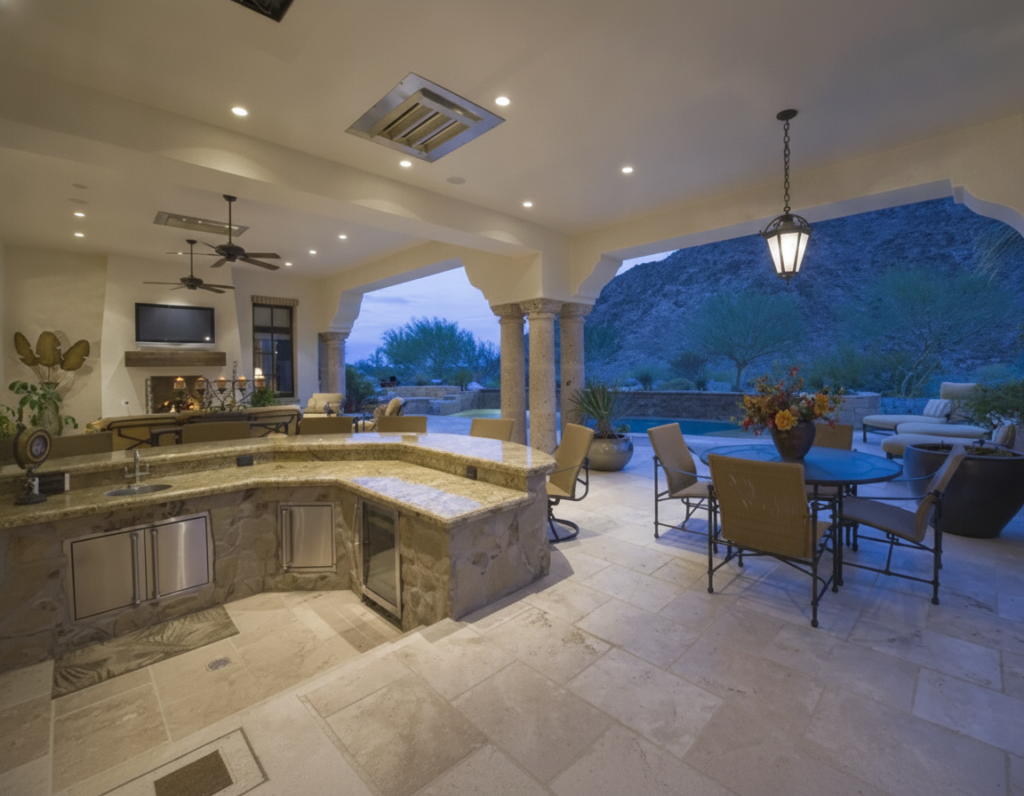 Brasil Stone Home Improvements luxury outdoor kitchen and patio with stone countertops and columns at dusk