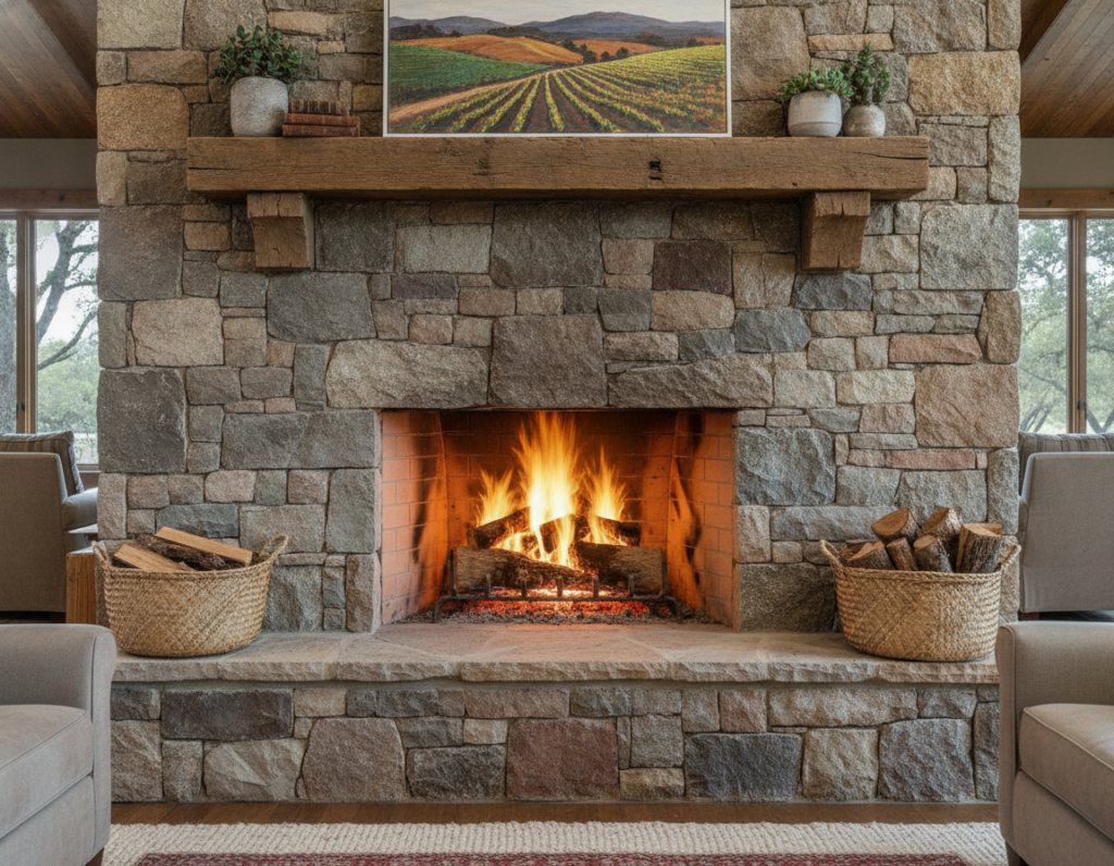 Brazil Stone Home Improvements fireplace with stacked stone surround and burning fire