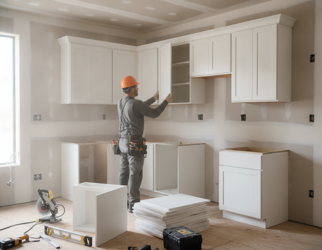 Construction worker installing white kitchen cabinets in a home, Brasil Stone Home Improvements, Inc.