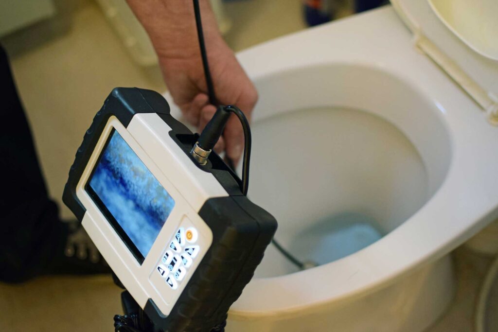 Skagit Sewer Specialists technician using a sewer camera inspection device near a toilet drain
