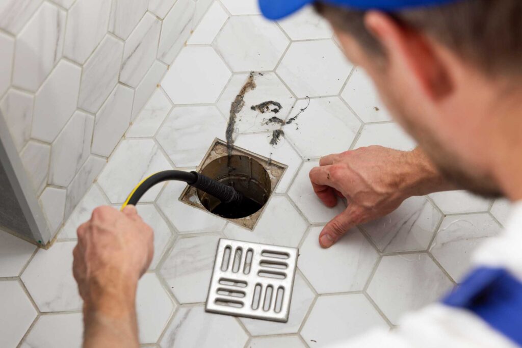 Skagit Sewer Specialists technician clearing a clogged drain with a sewer snake in a tiled bathroom floor
