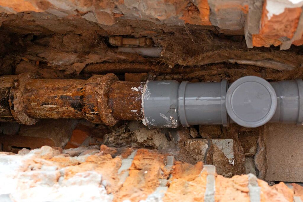 Sewer pipe repair in a stone-lined underground trench by Skagit Sewer Specialists