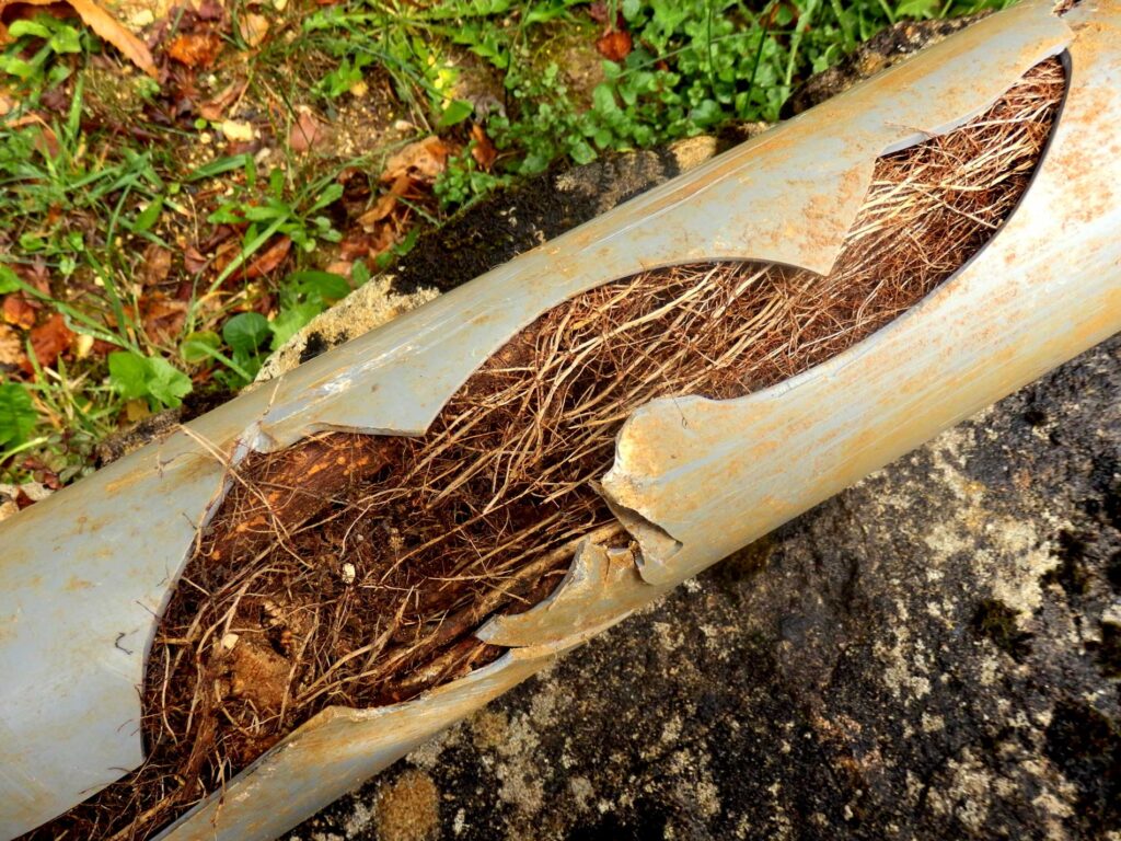 Clogged sewer pipe with debris and roots beside Skagit Sewer Specialists service area
