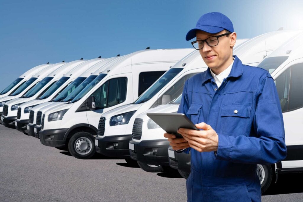 Technician with a tablet standing in front of a row of white fleet vans