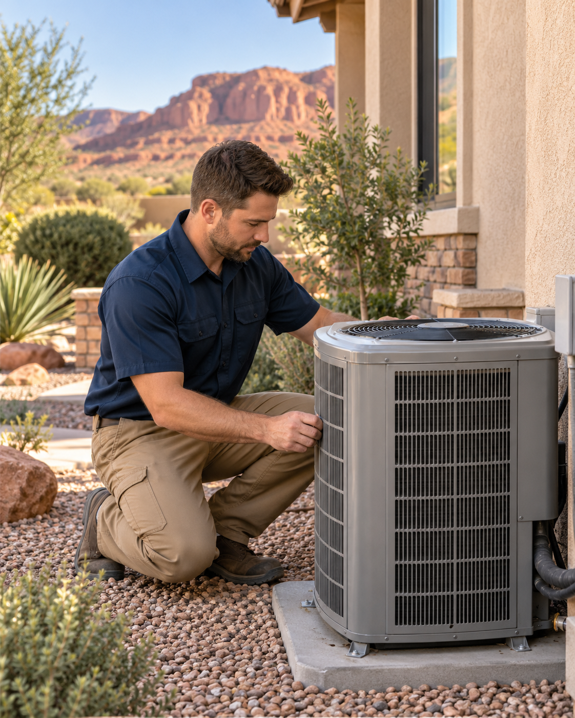 Technician inspecting an outdoor HVAC unit beside a desert home.