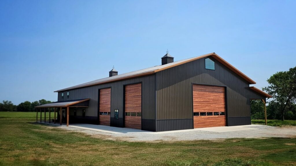 Top Quality Overhead Door service image of a modern steel barn with large overhead garage doors