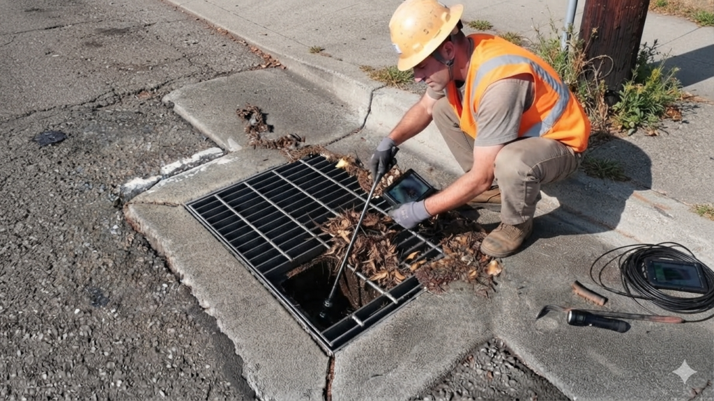 Technician from G and D Services LLC installing or repairing a solar panel at a rooftop drain or utility access