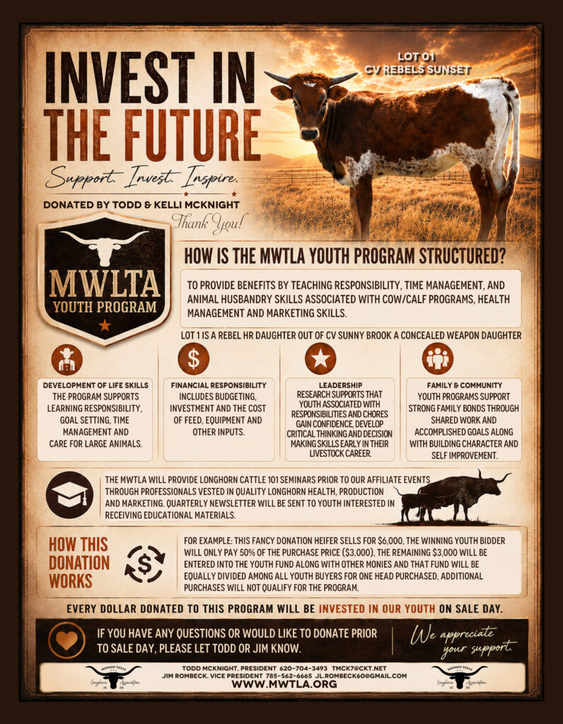 Midwest Texas Longhorn Association youth program flyer featuring a Texas longhorn and promotional text
